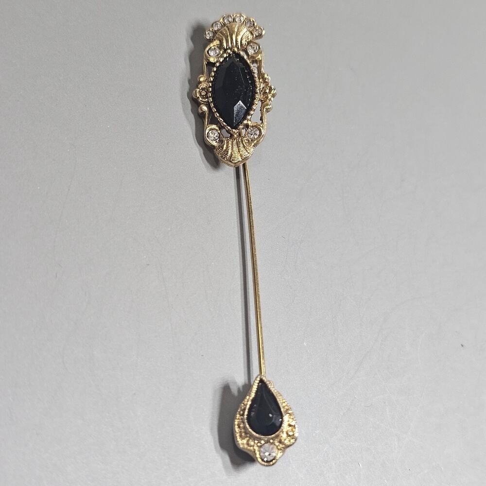 1928 Black Cabochon Rhinestone Ornate Lapel Stick Pin Goldtone 1990s Vintage